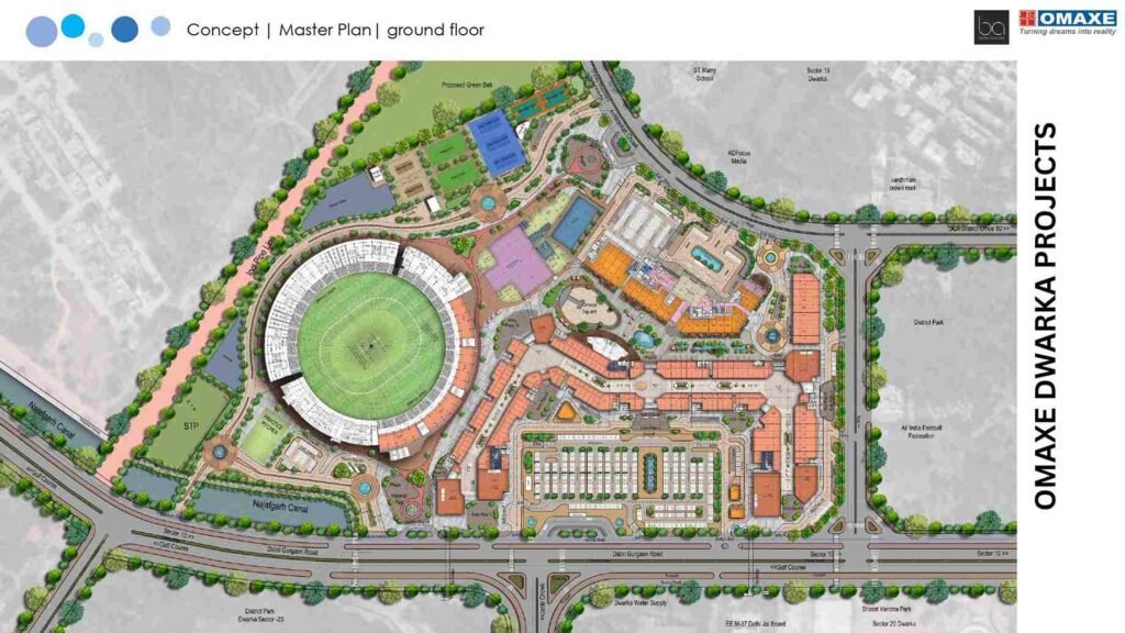 Detailed layout design for the new cricket stadium at Omaxe Dwarka project in Delhi.