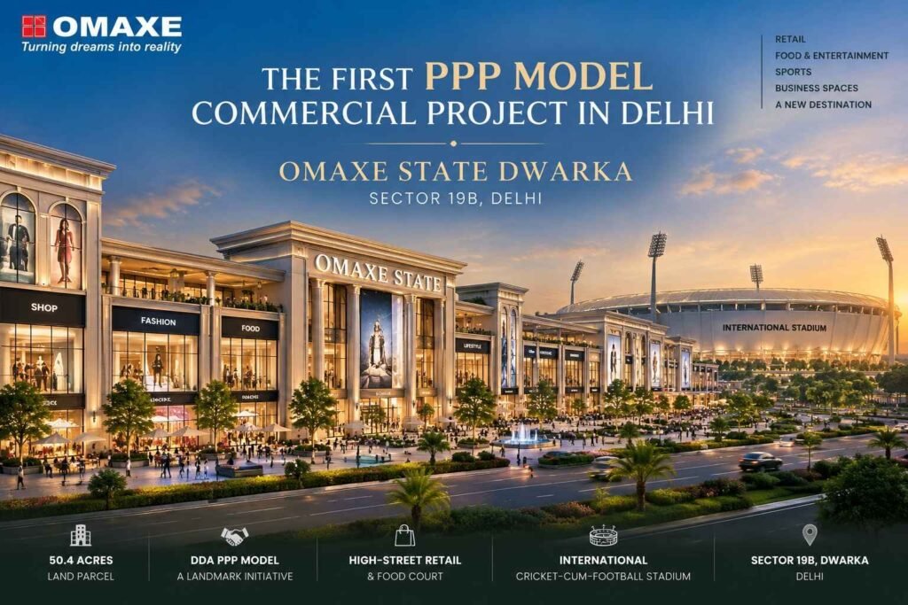Concept master plan of Omaxe Dwarka Sector 19B ground floor showing cricket stadium, high-street retail, football pitch and parking layout