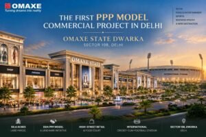 Concept master plan of Omaxe Dwarka Sector 19B ground floor showing cricket stadium, high-street retail, football pitch and parking layout