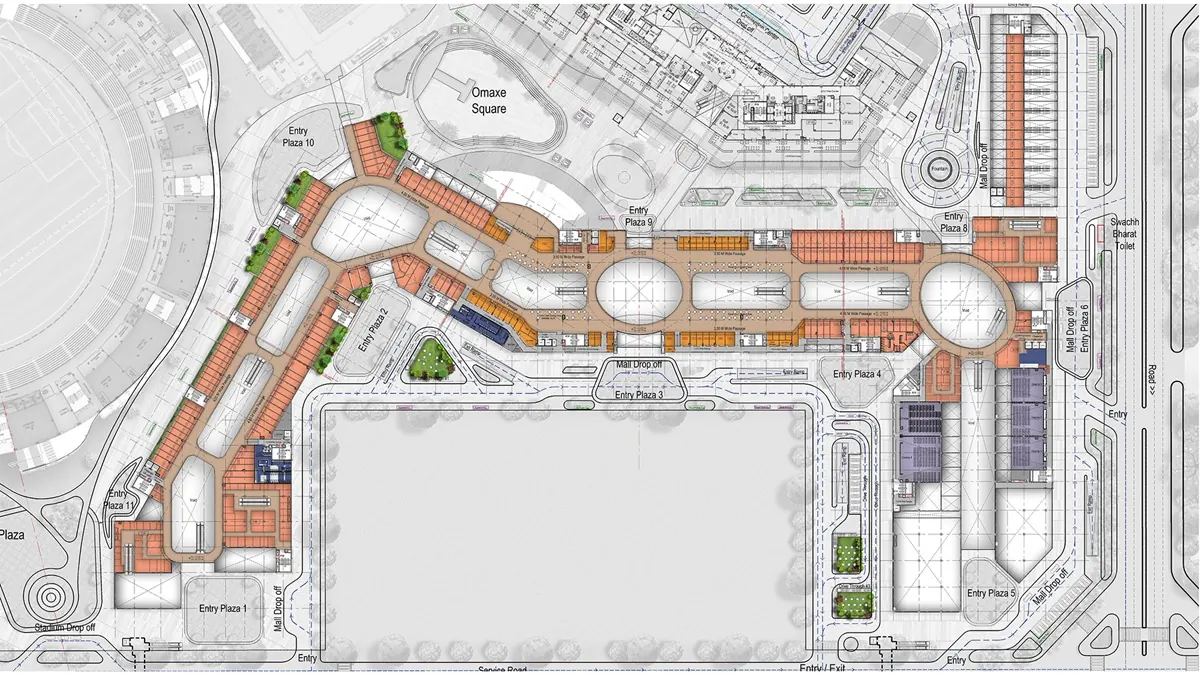 Omaxe Dwarka first floor plan showing food court and retail layout, Sector 19B Delhi
