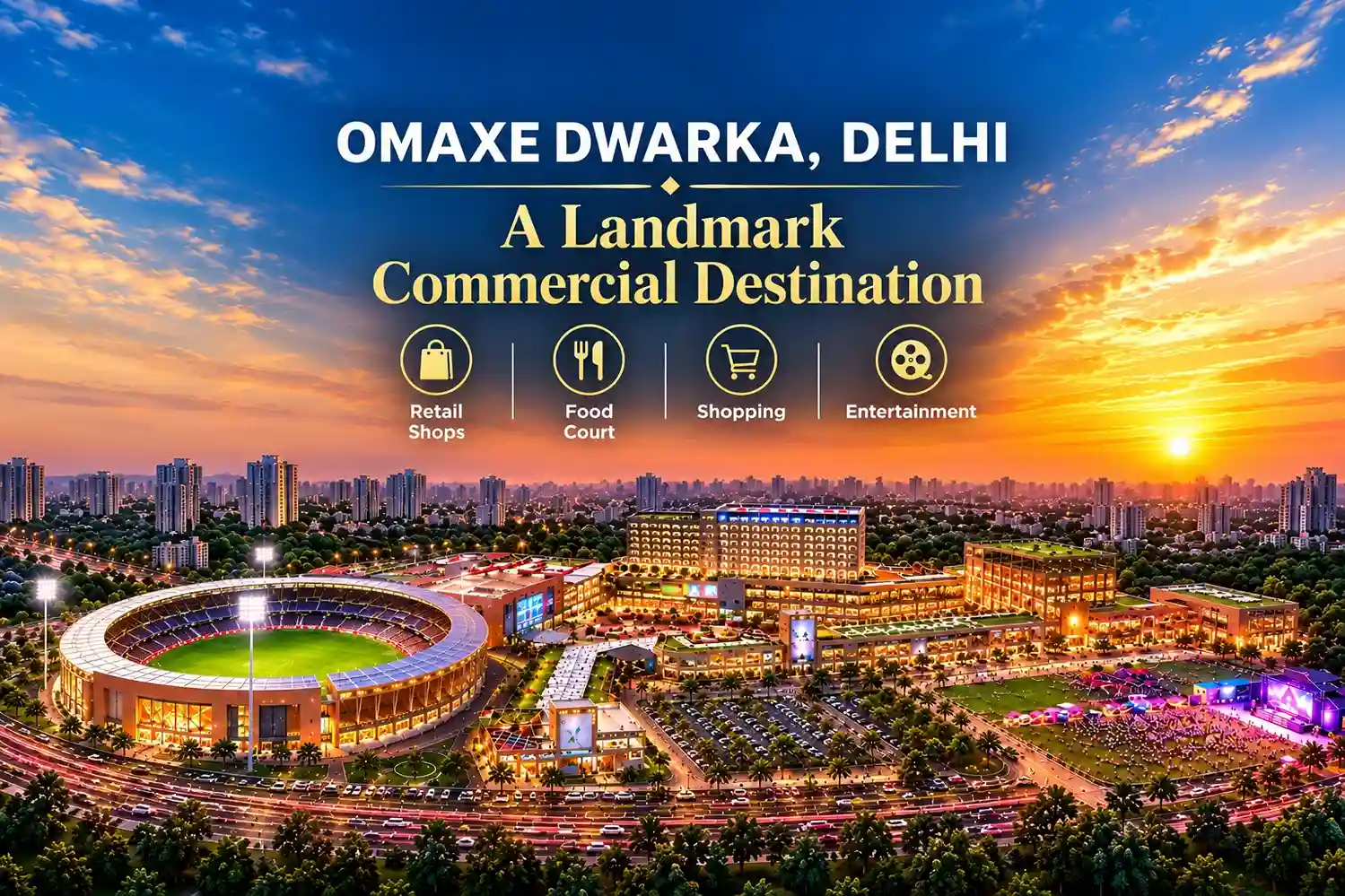 The Omaxe State Dwarka at twilight showing the stadium, high-street retail and food court, Sector 19B New Delhi